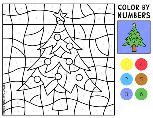 Color by numbers christmas tree. Christmas children's coloring book with a christmas tree. Vector christmas illustration with an example.