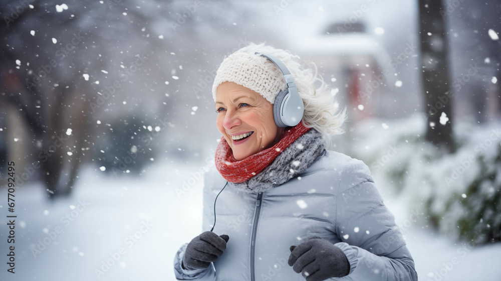 An elderly woman on a morning jog in winter. An elderly woman on a morning jog in winter.