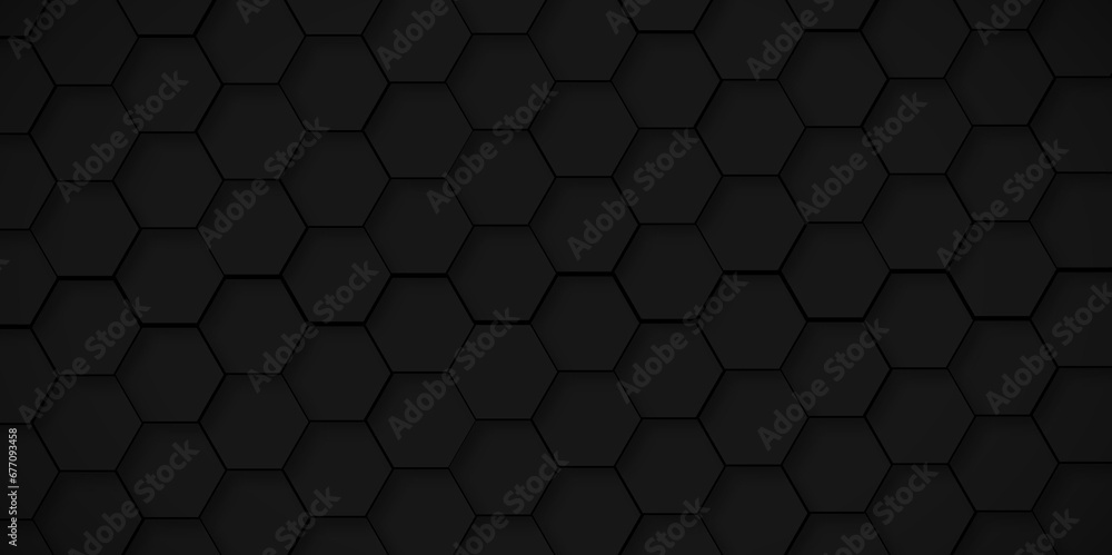 Seamless Background of abstract black 3d hexagon background design a dark honeycomb grid pattern. Abstract octagons dark 3d background. Black geometric background for design. Seamless Background of abstract black 3d hexagon background design a dark honeycomb grid pattern. Abstract octagons dark 3d background. Black geometric background for design.