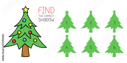 Find the correct shadow game with christmas tree. Educational game for children. Cute cartoon christmas tree. Shadow matching game. Vector illustration.