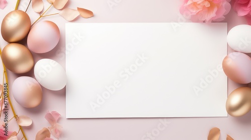 empty white postcard on feminine neutral warm backdrop with pink and golden eggs