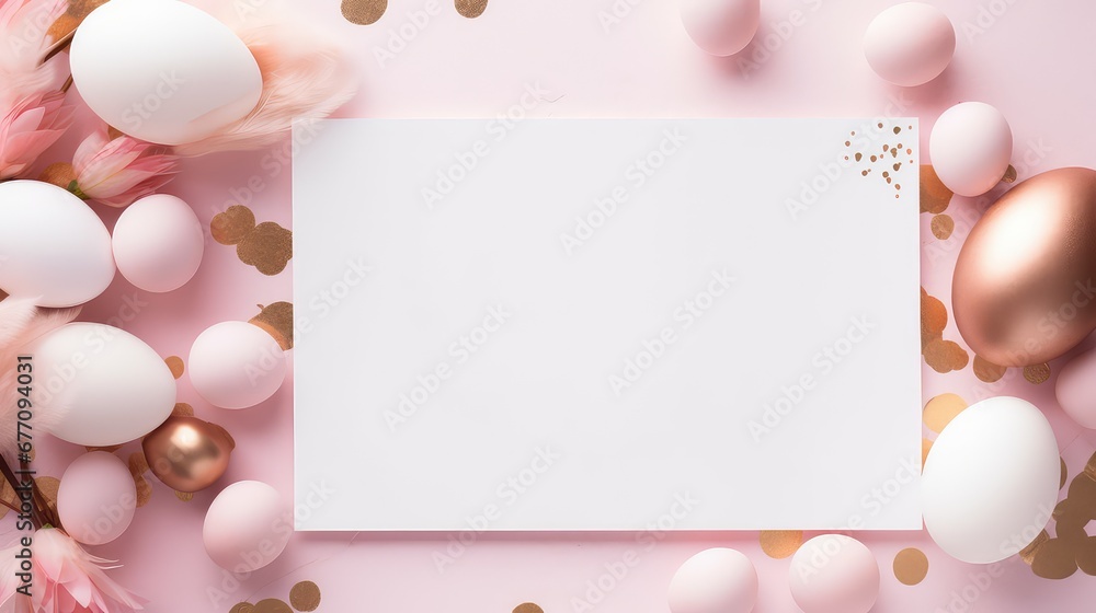 empty white postcard on feminine neutral warm backdrop with pink and golden eggs empty white postcard on feminine neutral warm backdrop with pink and golden eggs