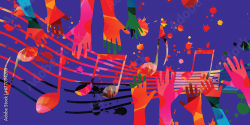 Music background with colorful musical notes staff and hands vector illustration design. Artistic music festival poster, live concert events, party flyer, music notes signs and symbols	