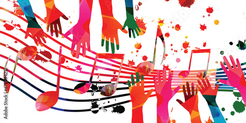 Music background with colorful musical notes staff and hands vector illustration design. Artistic music festival poster, live concert events, party flyer, music notes signs and symbols	