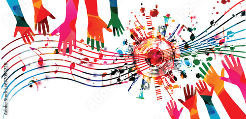 Music background with colorful musical notes staff and hands vector illustration design. Artistic music festival poster, live concert events, party flyer, music notes signs and symbols	