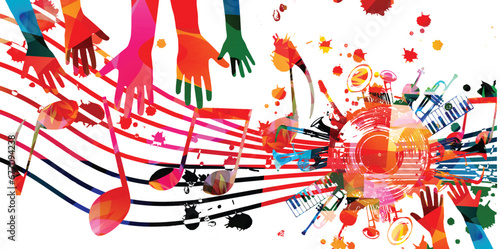 Music background with colorful musical notes staff and hands vector illustration design. Artistic music festival poster, live concert events, party flyer, music notes signs and symbols	