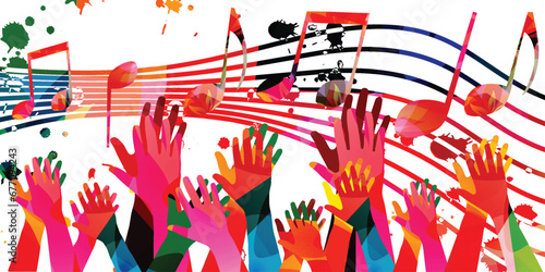Music background with colorful musical notes staff and hands vector illustration design. Artistic music festival poster, live concert events, party flyer, music notes signs and symbols 