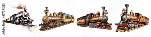 A set of Vintage Train Embodies the Charm of Historical Transportation, Evoking a Bygone Era, Captured Against a Clean isolated on a transparent Background 