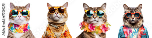 A set of cat wearing sunglasses and dressing for the upcoming summer isolated on a transparent Background 