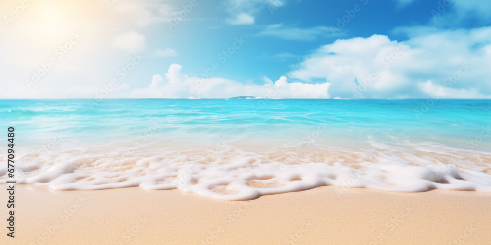Abstract Defocused Bliss of a Tropical Summer Beach with Golden Sands, Turquoise Ocean, and Azure Sky A Vibrant Landscape for Summer Escape Sunny Serenity