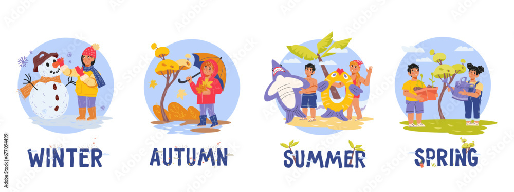 Children explore the wonders and fun of the four seasons, set of vector illustrations isolated on white. Four seasons in the lives of children, seasonal clothing and activity changes. Children explore the wonders and fun of the four seasons, set of vector illustrations isolated on white. Four seasons in the lives of children, seasonal clothing and activity changes.