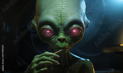 alien en train de se faire un prélèvement ADN à l'aide d'une brosse qu'il frotte dans sa bouche
