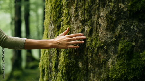 Girl hand touches a tree with moss in the wild forest. Forest ecology. Wild nature, wild life. Earth Day. Traveler girl in a beautiful green forest. Conservation, ecology, environment. Generated AI