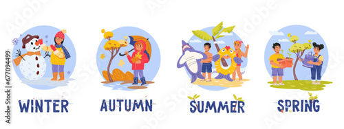 Children explore the wonders and fun of the four seasons, set of vector illustrations isolated on white. Four seasons in the lives of children, seasonal clothing and activity changes.