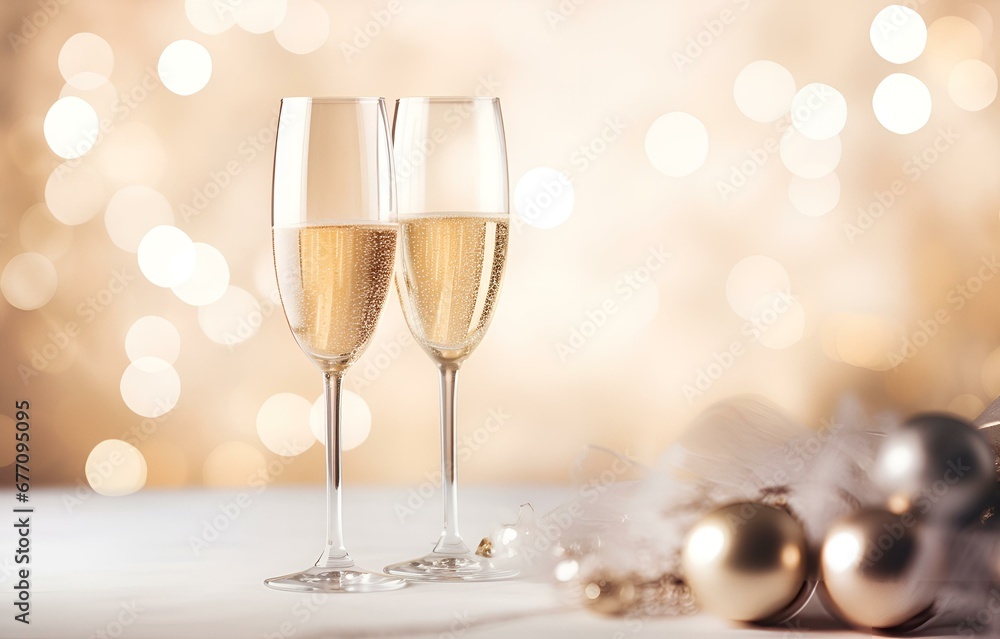 champagne flutes on white holiday table decor with bokeh background soft light for new year and christmas holiday celebration card decor