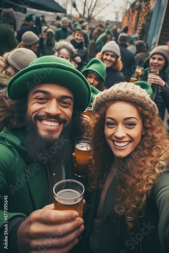 Happy family couple celebrating St Patrick's Day drinking beer.