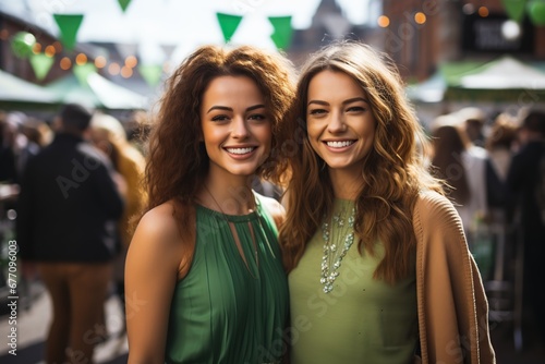 Female friends celebrating together St Patrick Day at street.