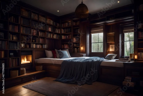 a cozy reading nook in the bedroom with built-in bookshelves and hidden storage