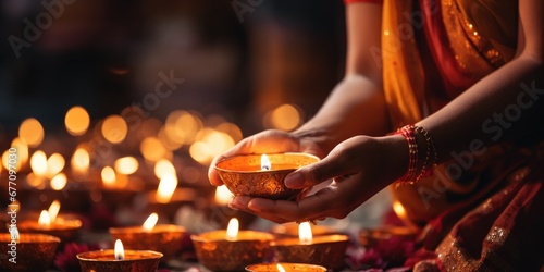  woman with oil lamp during Diwali. Festival Holiday background. Diwali with rangoli, Generative AI photo