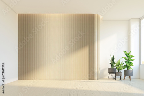 Fototapeta Naklejka Na Ścianę i Meble -  Modern japan style empty room decorated with wood wood slat wall and indoor green plants. 3d rendering