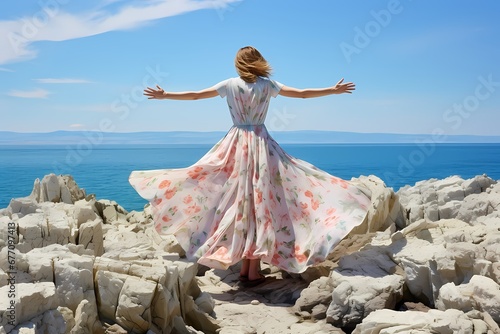 A woman stands on rocky cliffs by the sea, her floral dress flowing in the breeze, embracing freedom and peace