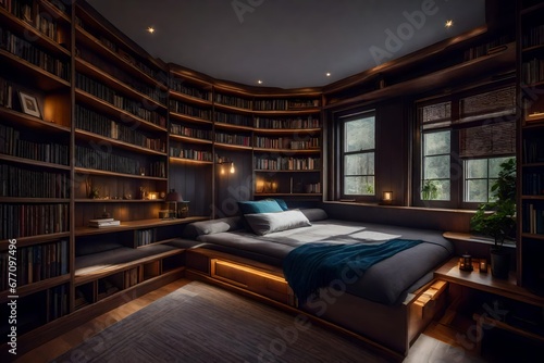 a cozy reading nook in the bedroom with built-in bookshelves and hidden storage