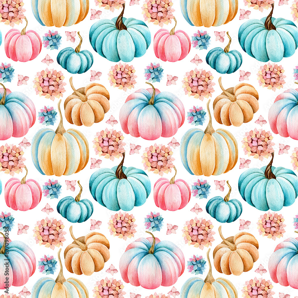 Seamless watercolor pattern. Hand drawn bright pumpkins and hydrangeas isolated on a white background. Autumn, botanical drawing, template. Pink, blue, orange pumpkins. Seamless watercolor pattern. Hand drawn bright pumpkins and hydrangeas isolated on a white background. Autumn, botanical drawing, template. Pink, blue, orange pumpkins.
