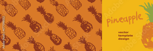 Pineapple seamless pattern with color hand drawn pineapples ornament. Healthy food idea banner template design. Organic ananas label template. Fruit and berries doodles for natural cosmetic design.