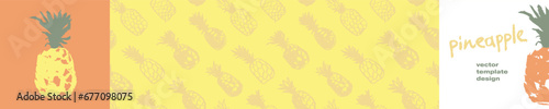 Pineapple seamless pattern with color hand drawn pineapples ornament. Healthy food idea banner template design. Organic ananas label template. Fruit and berries doodles for natural cosmetic design.