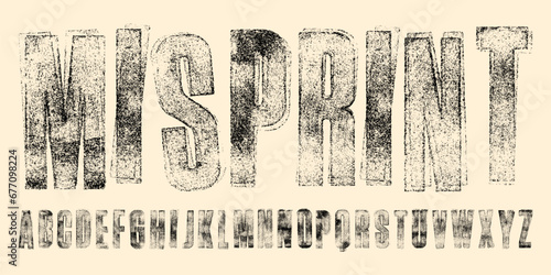 Mis-printed, Faded and worn ink texture font. Highly detailed hand textured characters with a faded, rough, rolled ink print texture.
