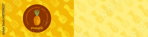 Pineapple seamless pattern with color hand drawn pineapples ornament. Healthy food idea banner template design. Organic ananas label template. Fruit and berries doodles for natural cosmetic design.