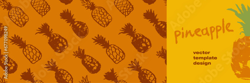 Pineapple seamless pattern with color hand drawn pineapples ornament. Healthy food idea banner template design. Organic ananas label template. Fruit and berries doodles for natural cosmetic design.