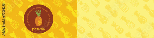 Pineapple seamless pattern with color hand drawn pineapples ornament. Healthy food idea banner template design. Organic ananas label template. Fruit and berries doodles for natural cosmetic design.