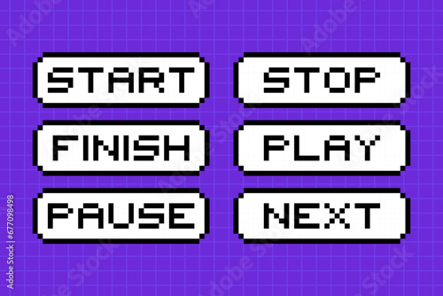 Clipart set of pixel elements in 8-bit style on a bright purple checkered background. Dialog boxes of different shapes and sizes, retro game buttons.