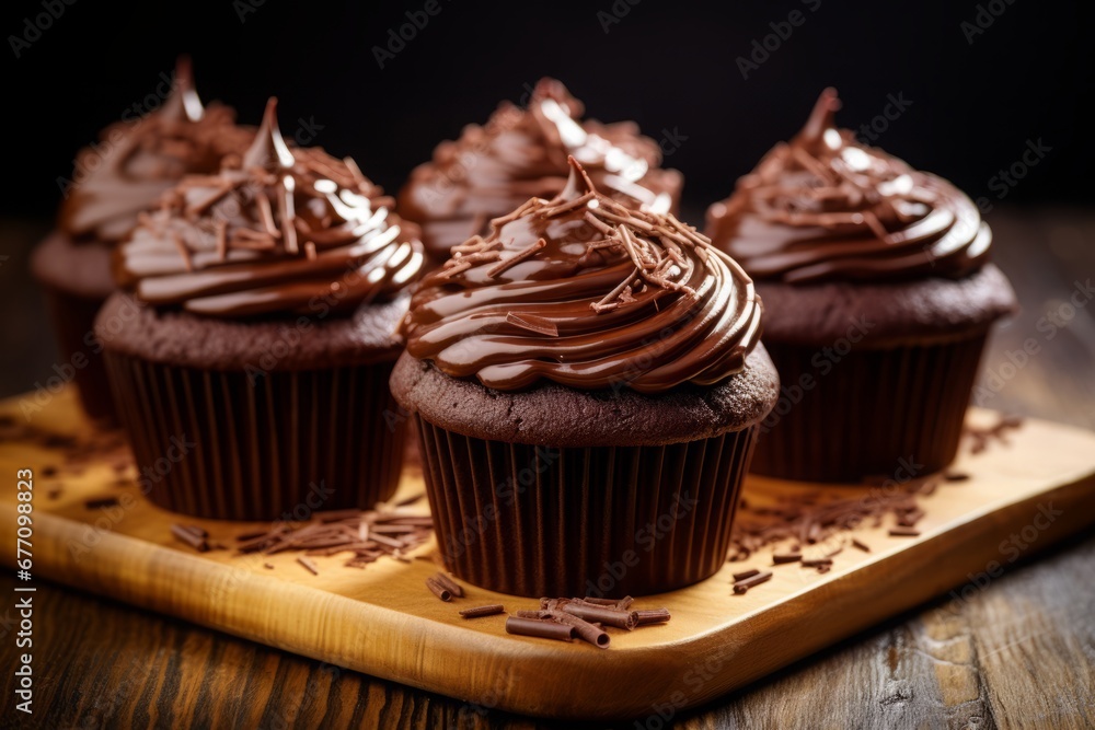 a macro photo of several chocolate muffins with whipped cocoa chocolate ganache topping and dripping melted hot chocolate on wooden board a macro photo of several chocolate muffins with whipped cocoa chocolate ganache topping and dripping melted hot chocolate on wooden board