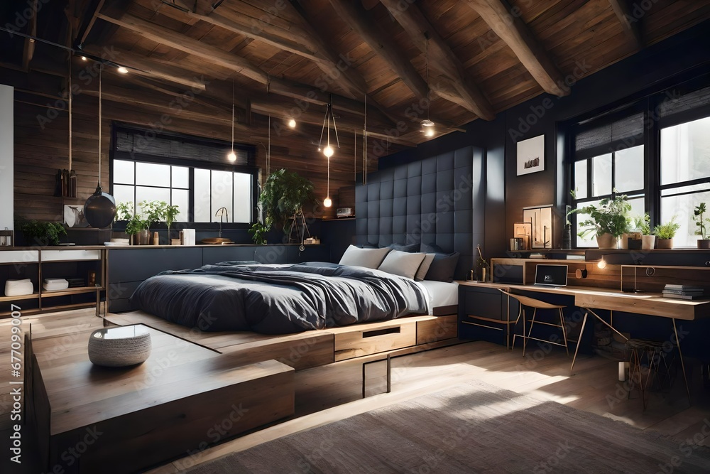 a loft-style bedroom with a raised bed platform and hidden storage drawers - obrazy, fototapety, plakaty 