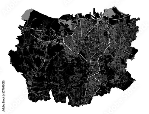 Semarang map. Detailed black map of Semarang city poster with roads. Cityscape urban vector. Black land with white roads and avenues.