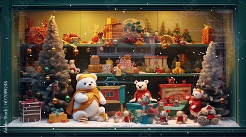 Vetrina di Natale con giocattoli per bambini, colori vivaci photo