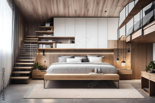 a modern bedroom with a lofted bed and under-staircase storage for a unique and practical design photo