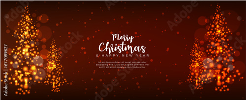 Marry christmas background tree with lights up. light up fir or pine, Happy New Year and Merry Christmas banner, vector design illustration