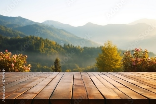 Wooden table terrace with Morning fresh atmosphere nature landscape. generative ai.
