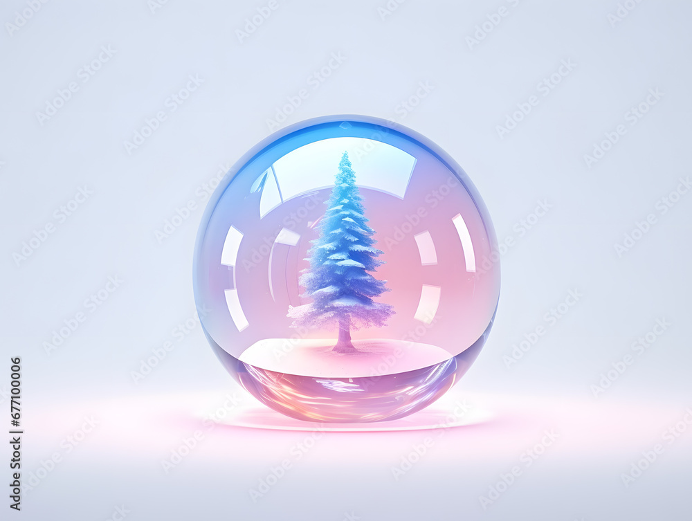 Christmas crystal glass snow globe with tree inside in pink and blue background. 3d render. Christmas crystal glass snow globe with tree inside in pink and blue background. 3d render.