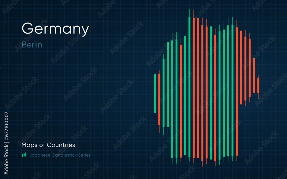 Germany map is shown in a chart with bars and lines. Japanese candlestick chart Series Germany map is shown in a chart with bars and lines. Japanese candlestick chart Series