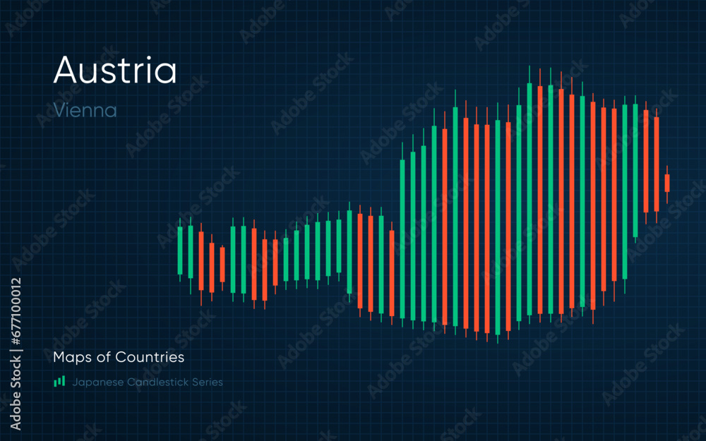 Austria map is shown in a chart with bars and lines. Japanese candlestick chart Series Austria map is shown in a chart with bars and lines. Japanese candlestick chart Series