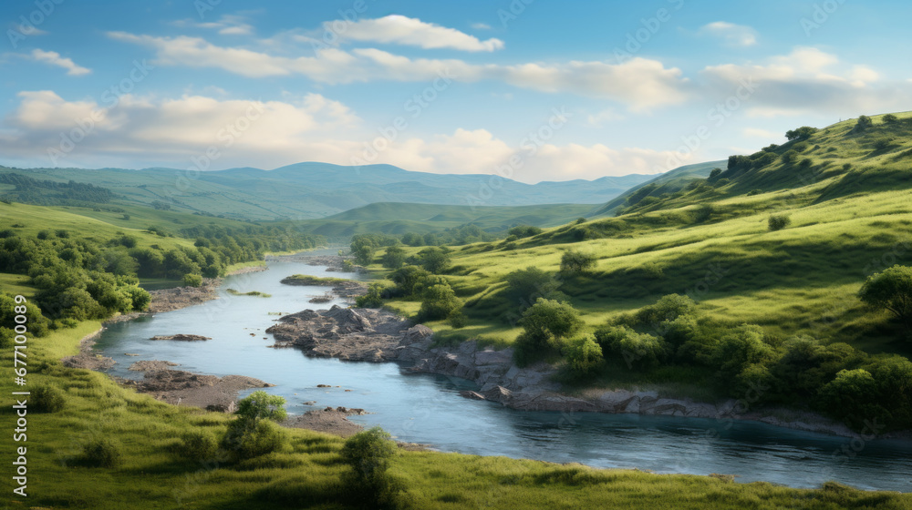 a painting of a landscape with rolling hills and a river