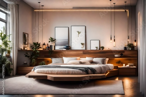 a cozy bedroom with a floating platform bed and innovative hidden storage solutions