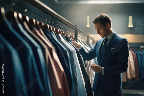 Elegant young man in a classic suit choose clothes at a rack with an assortment of classic jackets. Store formal and festive clothing suits for men. photo