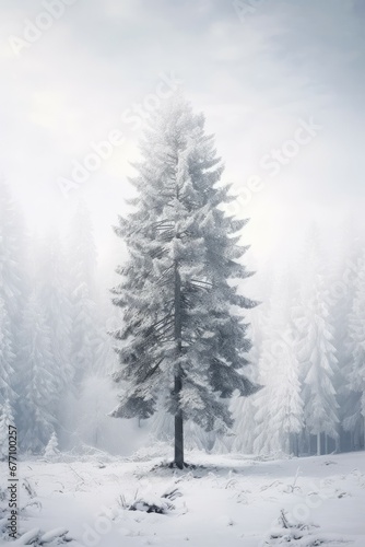 Illustration beautiful landscape of big tree and snow winter Created with Generative AI technology. © Sakrapee Nopparat