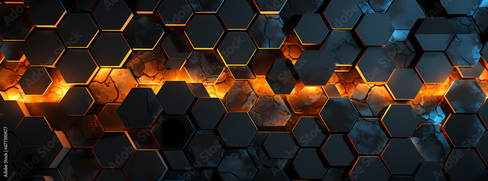 geometric background with orange and silver lighting with hexagons with lights, in the style of dark black and light azure, shaped canvas, rusty debris geometric background with orange and silver lighting with hexagons with lights, in the style of dark black and light azure, shaped canvas, rusty debris