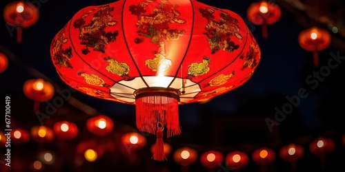 A Chinese red lantern glowing in the night symbolizes the festive atmosphere of the Chinese New Year, a time of happiness and celebration.